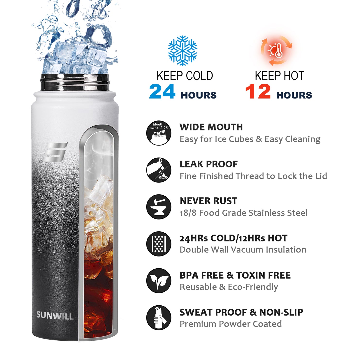 22oz Insulated Water Bottle with Straw - Powder Coated Gradiant Black White