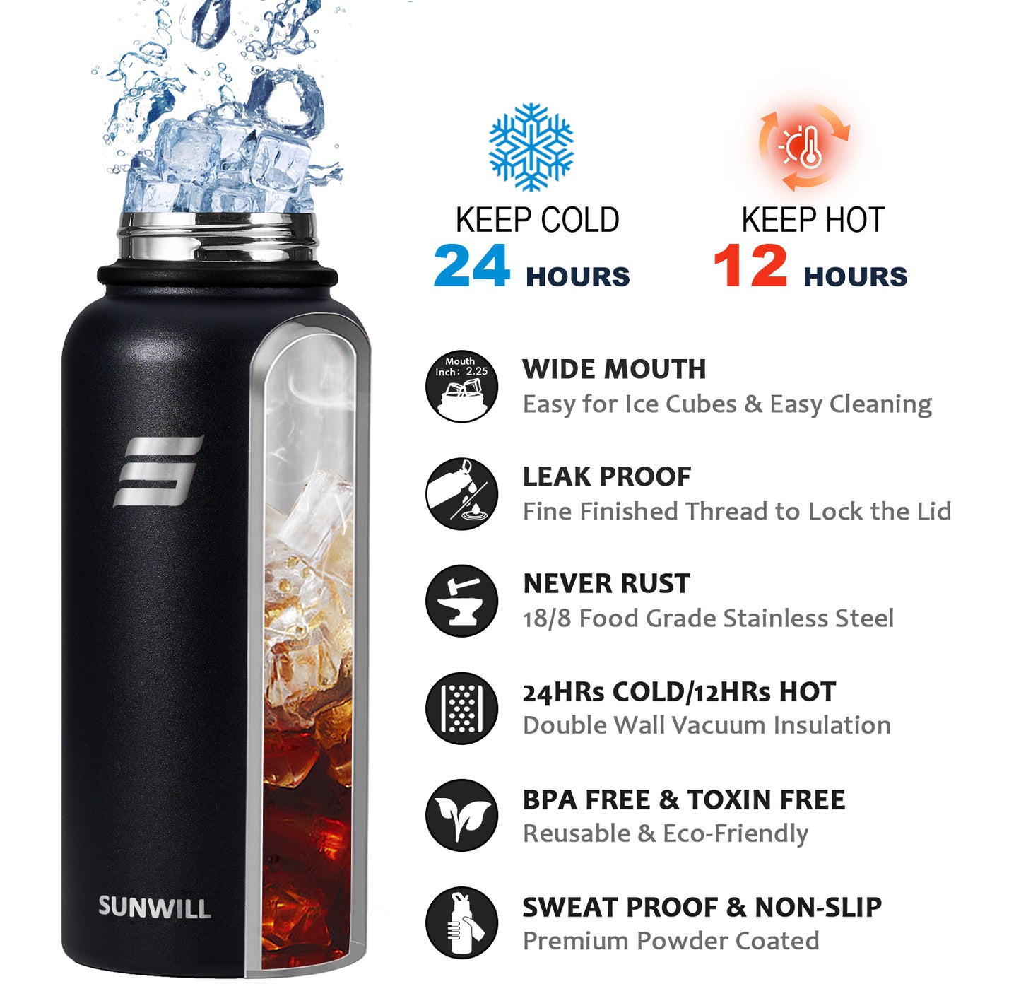 32oz Insulated Water Bottle with Straw - Powder Coated Black
