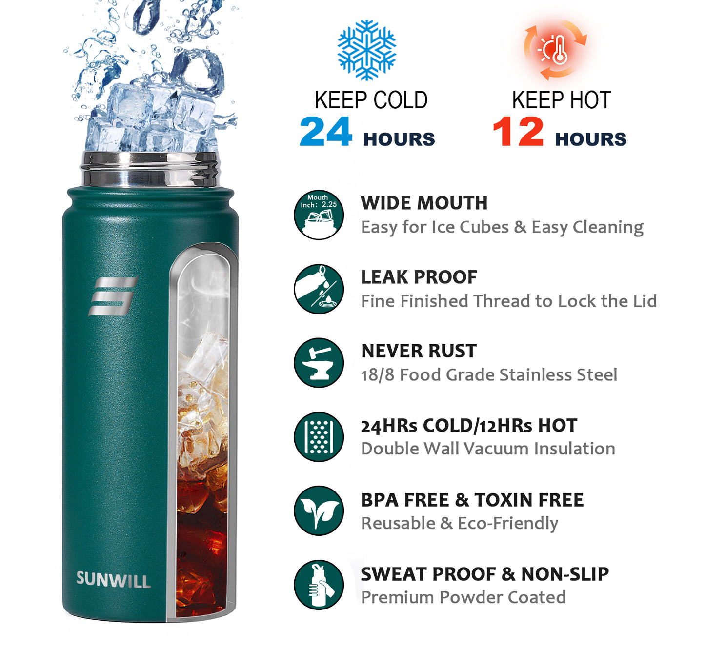 18oz Insulated Water Bottle with Straw - Powder Coated Forest Green