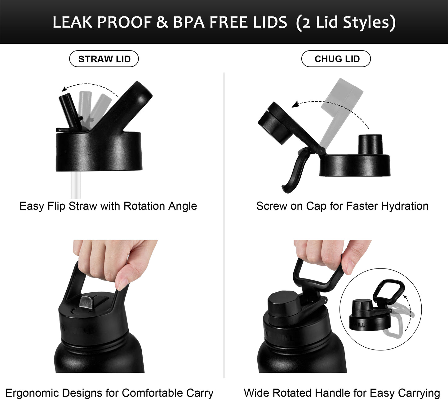 32oz Insulated Water Bottle with Straw - Powder Coated Black