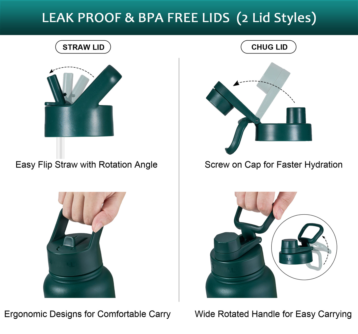32oz Insulated Water Bottle with Straw - Powder Coated Forest Green