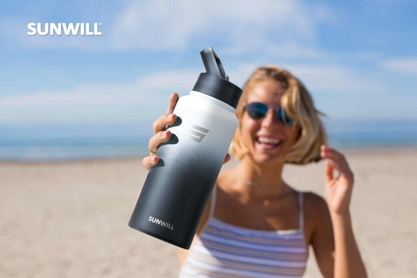32oz Insulated Water Bottle with Straw - Powder Coated Gradiant Black White