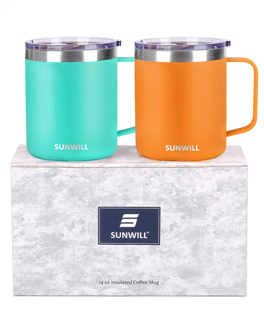 14oz Coffee Mug With Sliding Lid - Powder Coated Teal & Orange