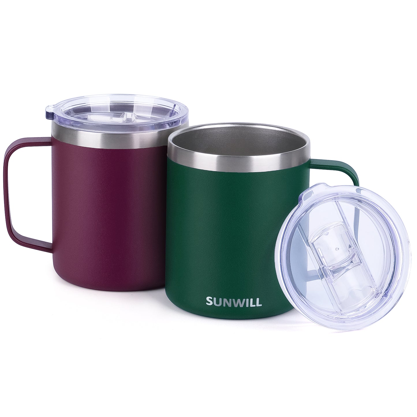 14oz Coffee Mug With Sliding Lid - Powder Coated Forest Green & Plum