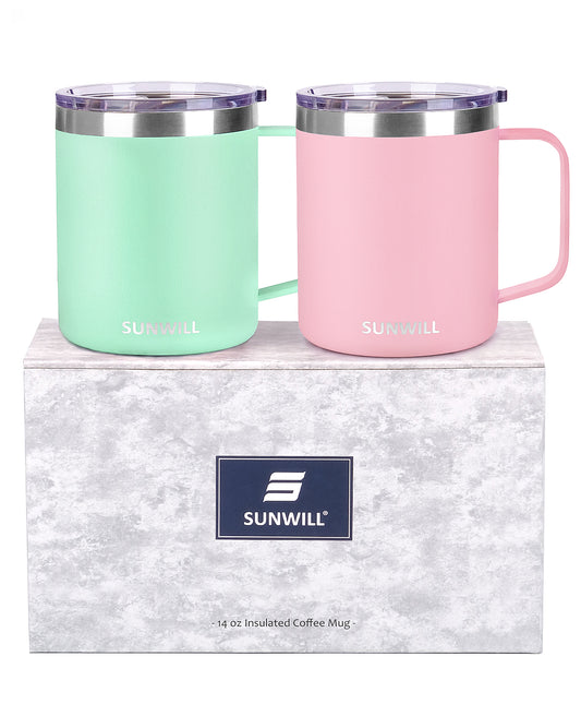 14oz Coffee Mug With Sliding Lid - Powder Coated Sakura & Mint