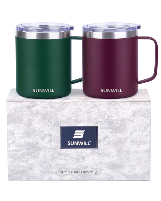 14oz Coffee Mug With Sliding Lid - Powder Coated Forest Green & Plum
