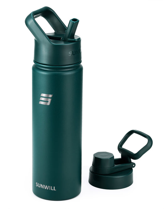 22oz Insulated Water Bottle with Straw - Powder Coated Forest Green