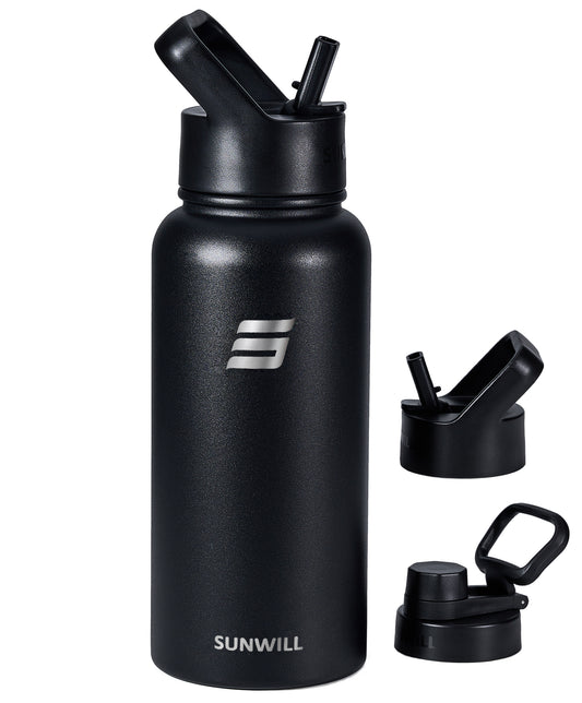 32oz Insulated Water Bottle with Straw - Powder Coated Black
