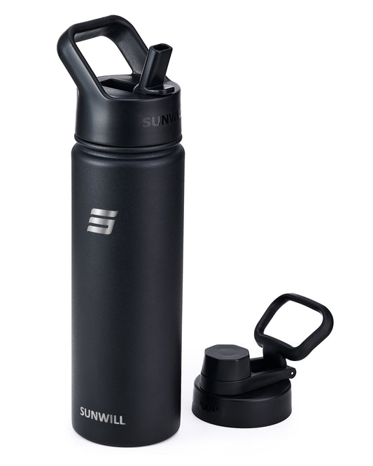 22oz Insulated Water Bottle with Straw - Powder Coated Black