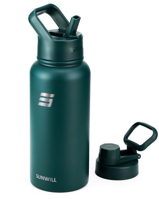32oz Insulated Water Bottle with Straw - Powder Coated Forest Green