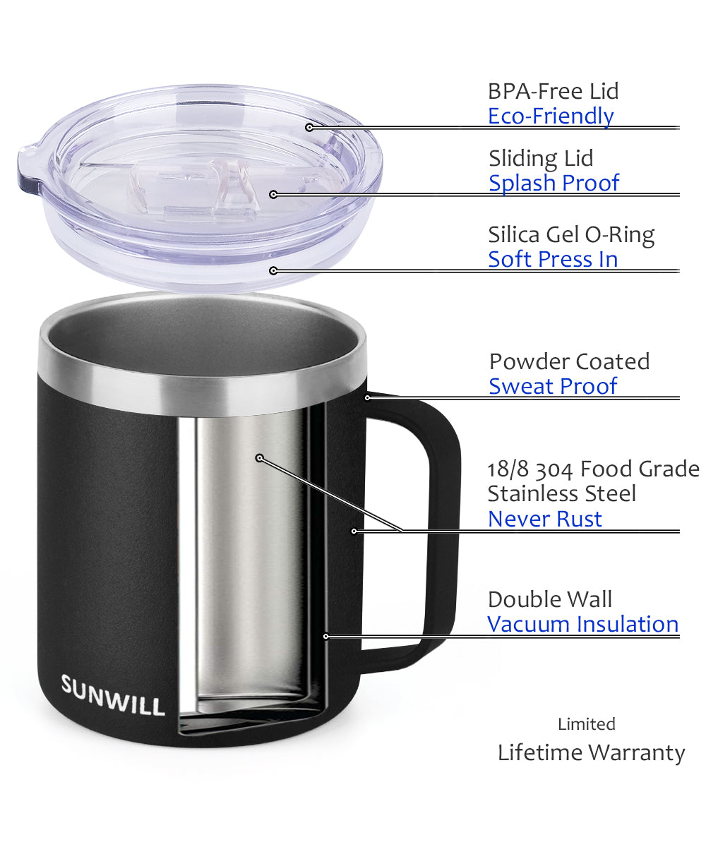 SunwillBiz　Mug　–　Coated　With　Sliding　Lid　Powder　Black　14oz　Coffee